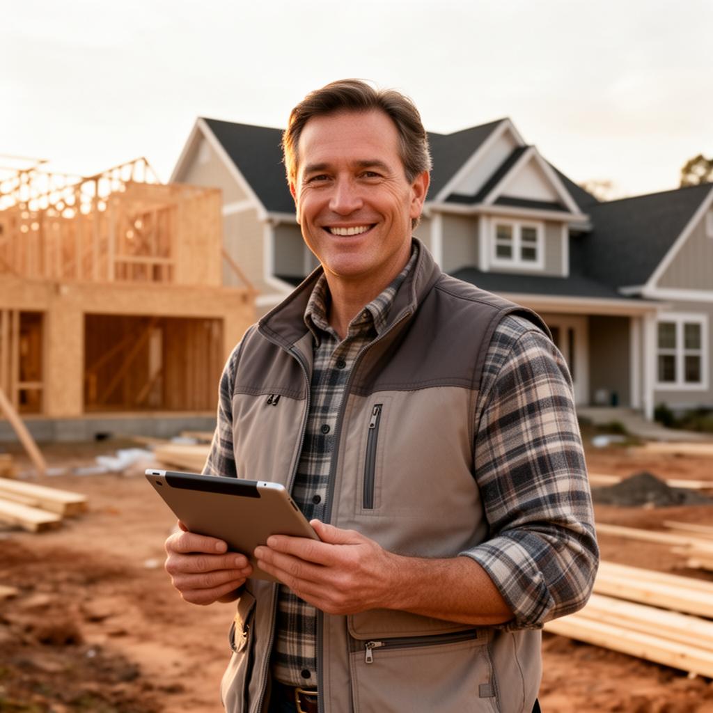 A friendly custom home builder smiling on a residential construction site.