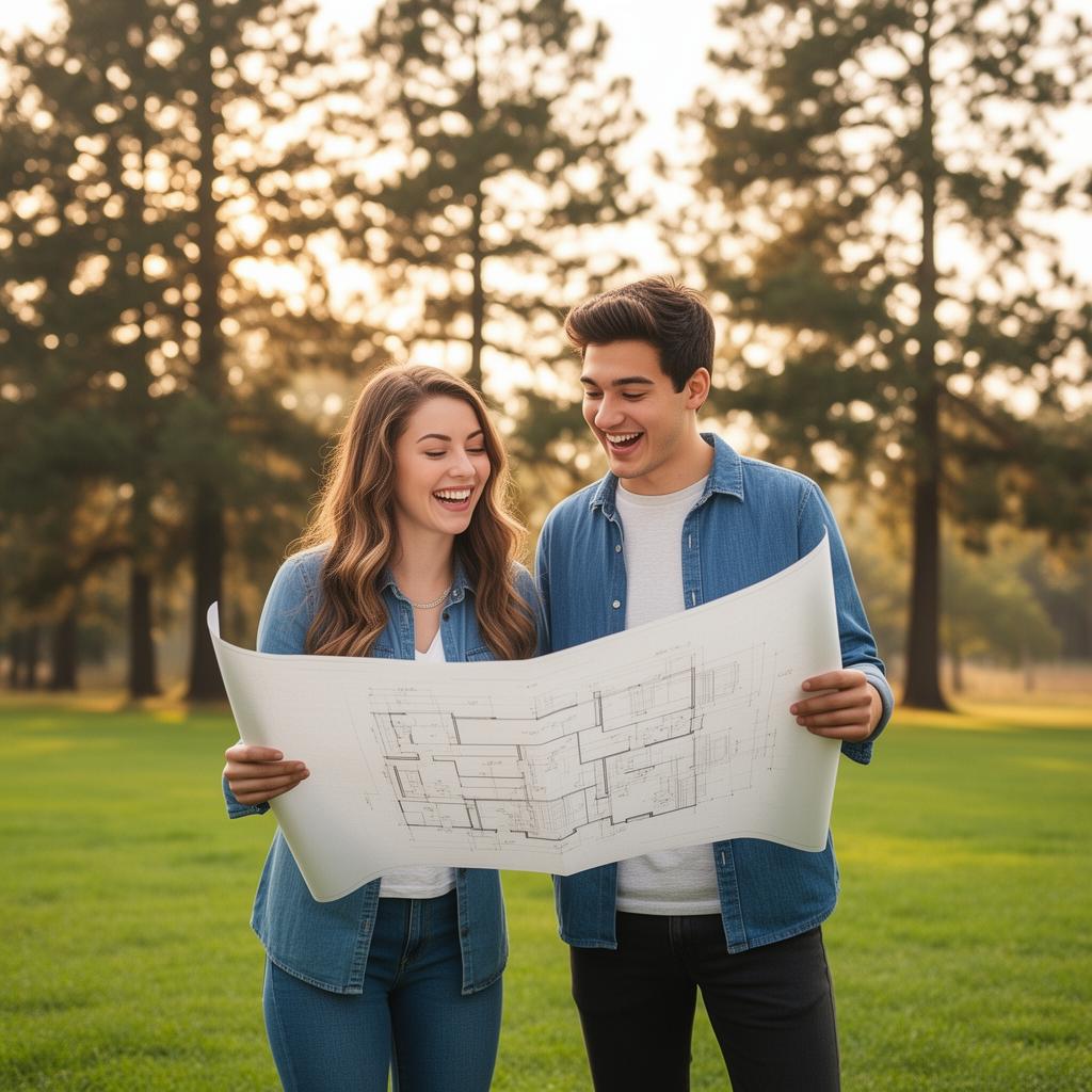 A young couple in their late twenties laughing while looking at house blueprints on a sunny grass lot.