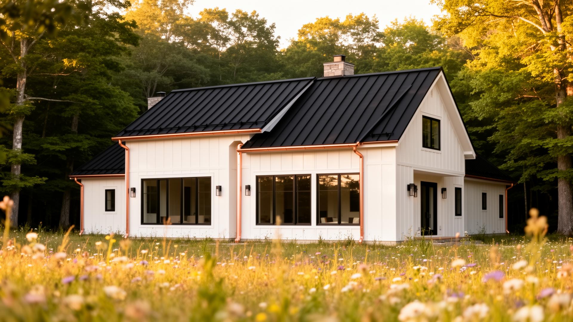 A modern white farmhouse custom home with black metal roof and copper gutters in a wildflower meadow at golden hour.